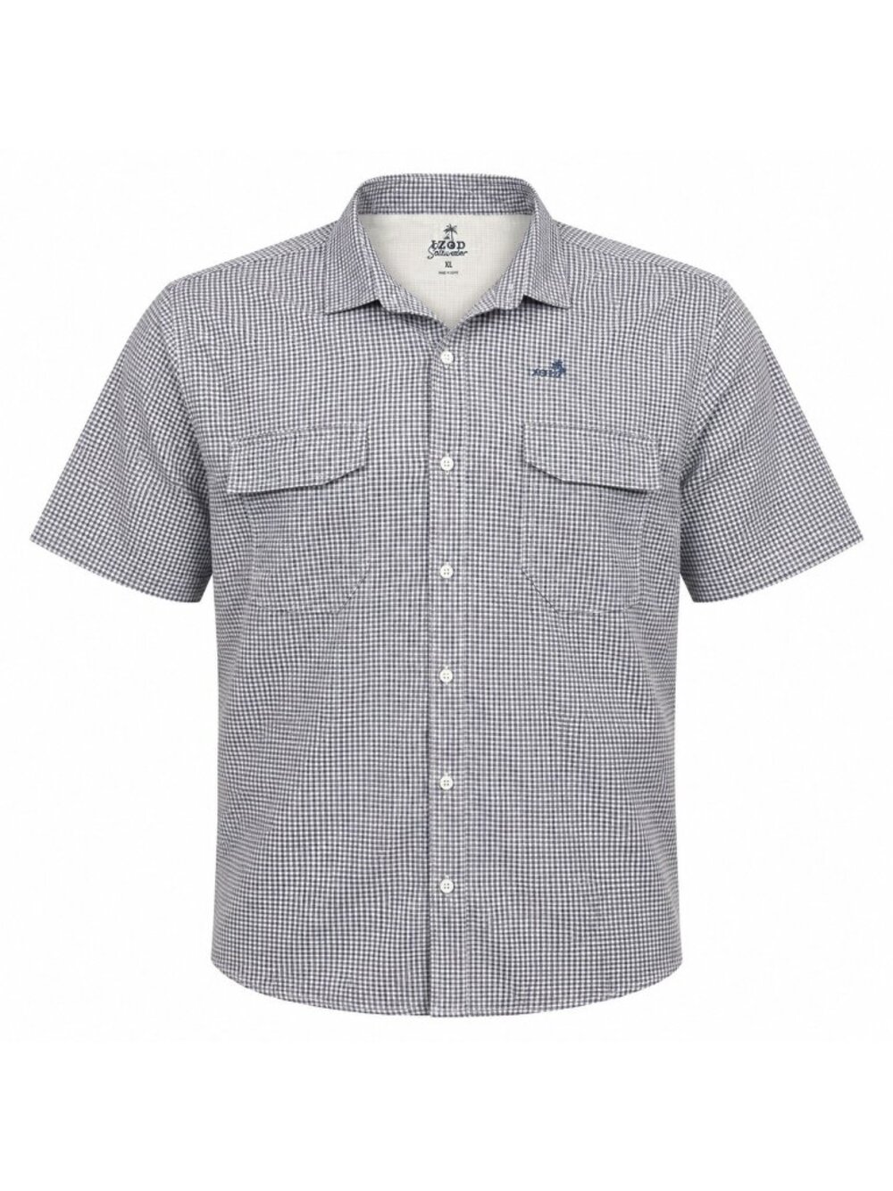 IZOD Saltwater Mens XL Short Sleeve Button Shirt Navy White Check Pockets